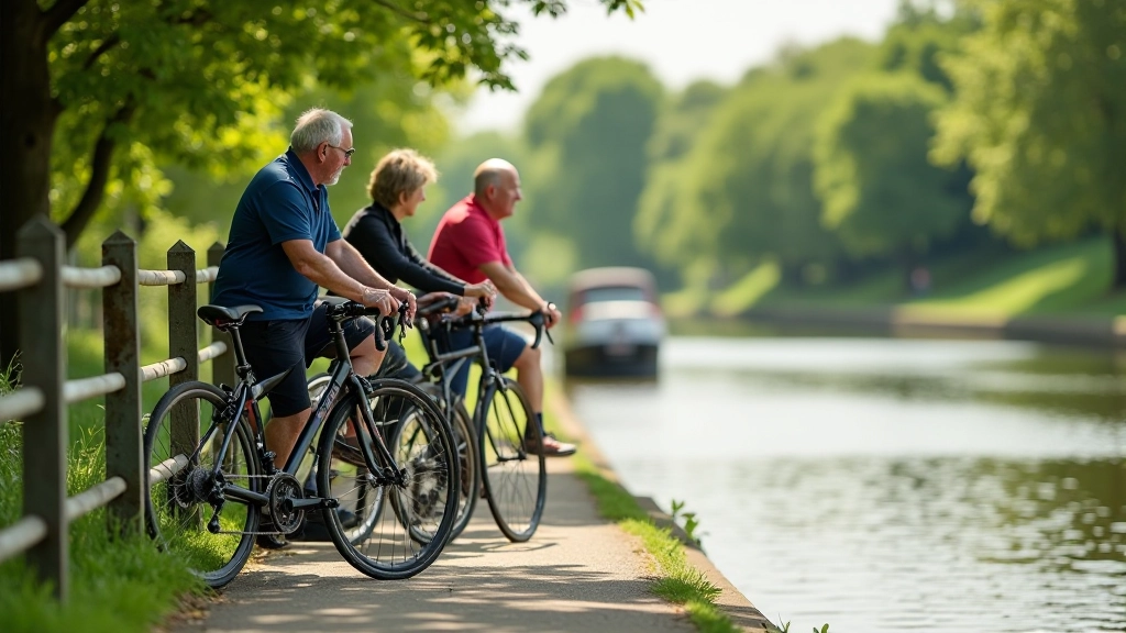 Group of cyclists resting on towpath with water and trees in background, sunny afternoon