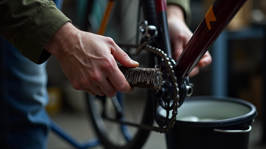 Bicycle chain being cleaned with brush and degreaser on maintenance stand