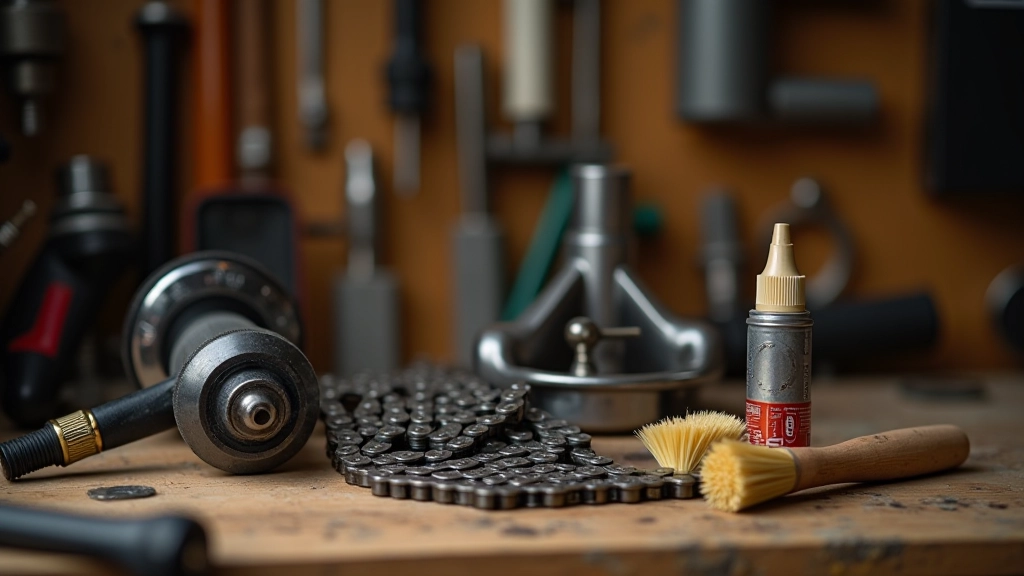 Close-up of bike maintenance tools and a bicycle chain on a workbench