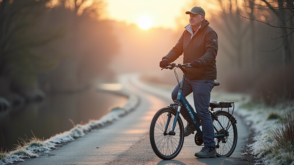 Bicycle leaning against canal lock gates in winter, frost on handlebars and frame