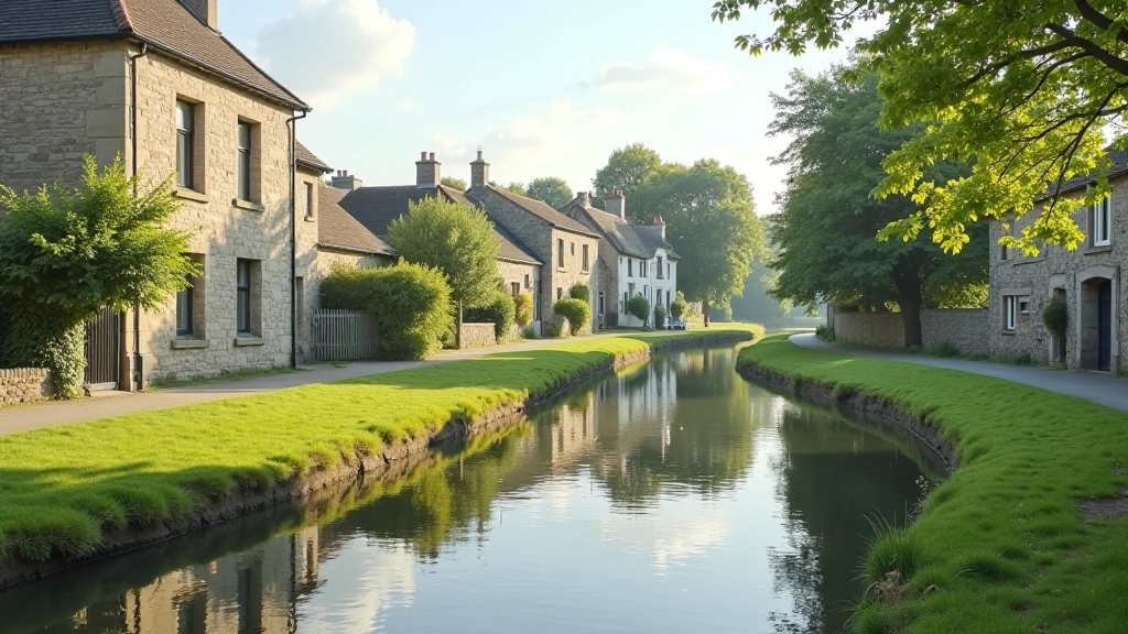 Historic village buildings reflected in still canal water, with towpath visible on the near bank