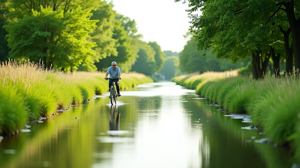Calm canal water reflecting blue sky with cyclist in background riding on towpath lined with green vegetation