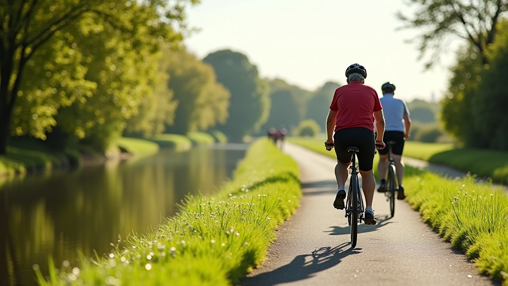 Scenic canal towpath with cyclists enjoying the flat route on a sunny day