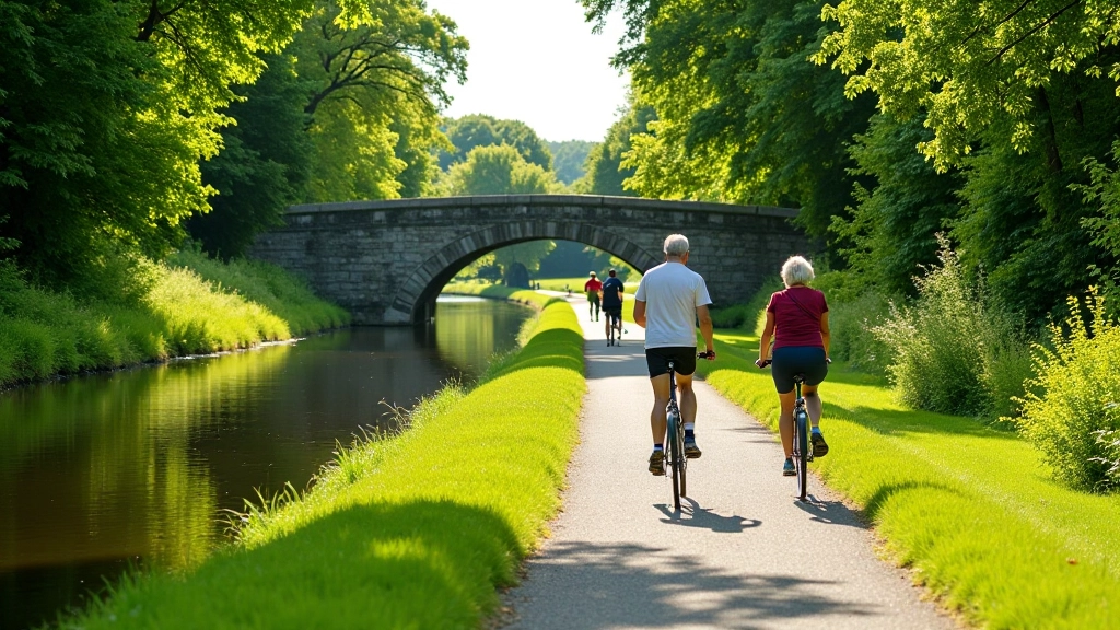 Tranquil canal towpath with green vegetation on both banks, clear water, and stone bridge in the distance