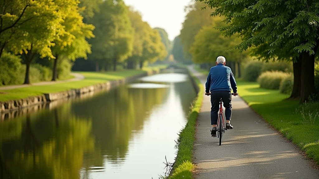 Peaceful canal towpath with water reflecting trees and sky on a calm day