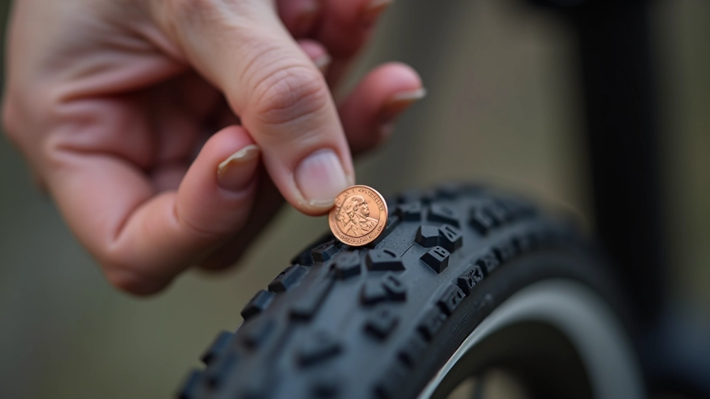 Measuring bicycle tyre tread depth with penny test on hybrid bike tyre