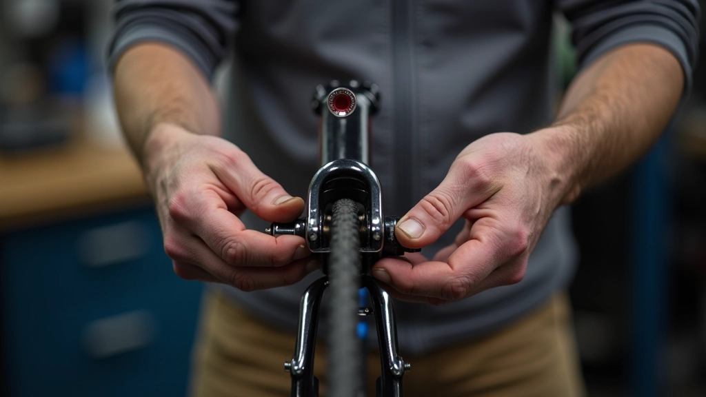 Hands examining bicycle brakes and brake pads on a hybrid bike
