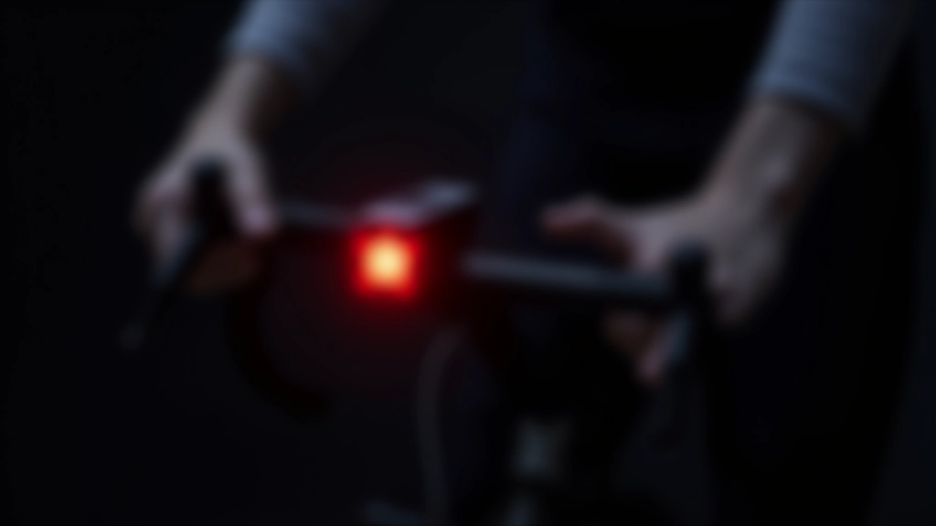 Bicycle lights mounted on handlebars and seat post, showing red and white LED lights