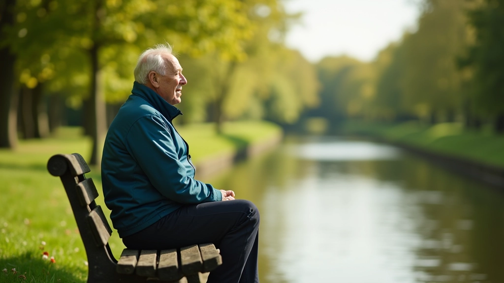 Cyclist resting on a bench beside the canal, water and greenery in the background