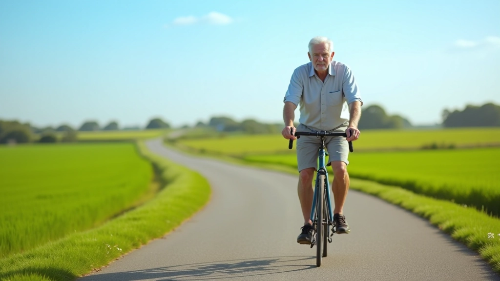 Cyclist riding on a flat canal towpath with fields stretching to the horizon and blue sky above