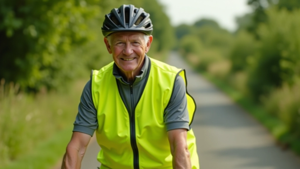 Cyclist wearing high-visibility gear and a helmet, photographed outdoors on a sunny day