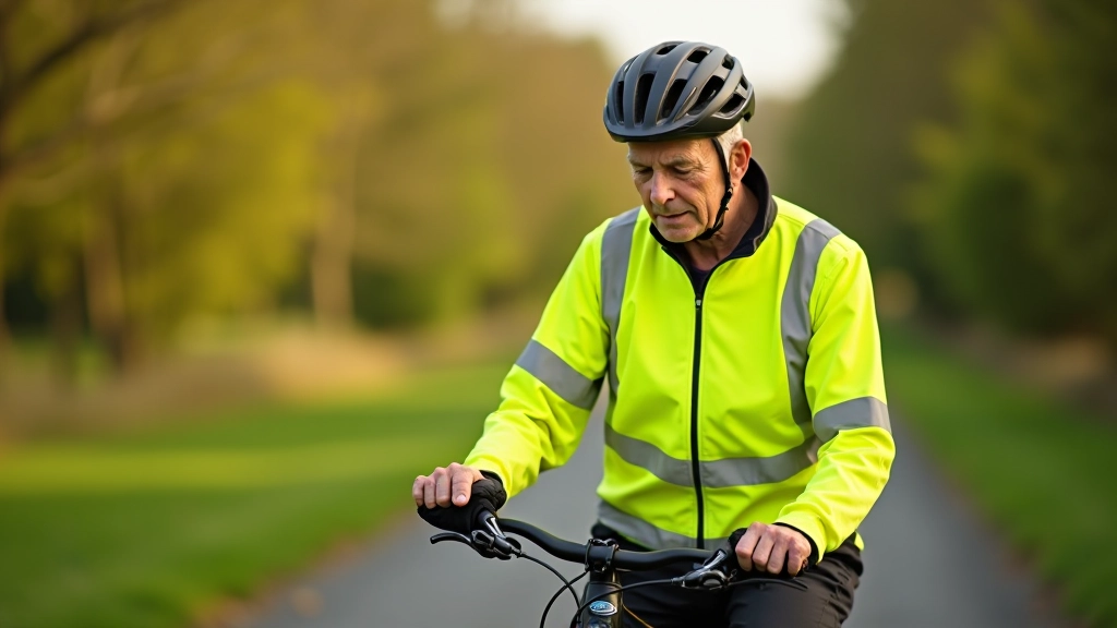 Cyclist in protective gear checking safety equipment before ride on canal towpath