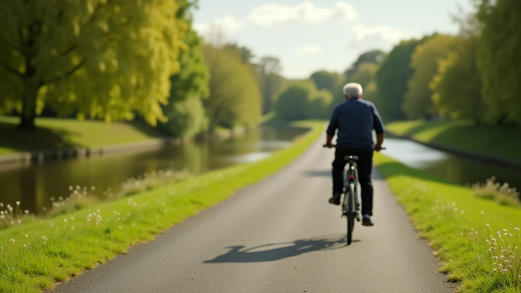 Cyclist riding on peaceful canal towpath with water and trees visible, demonstrating safe cycling posture