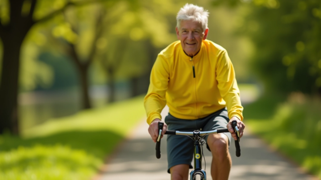 Older cyclist on a flat towpath with trees and water visible in the background