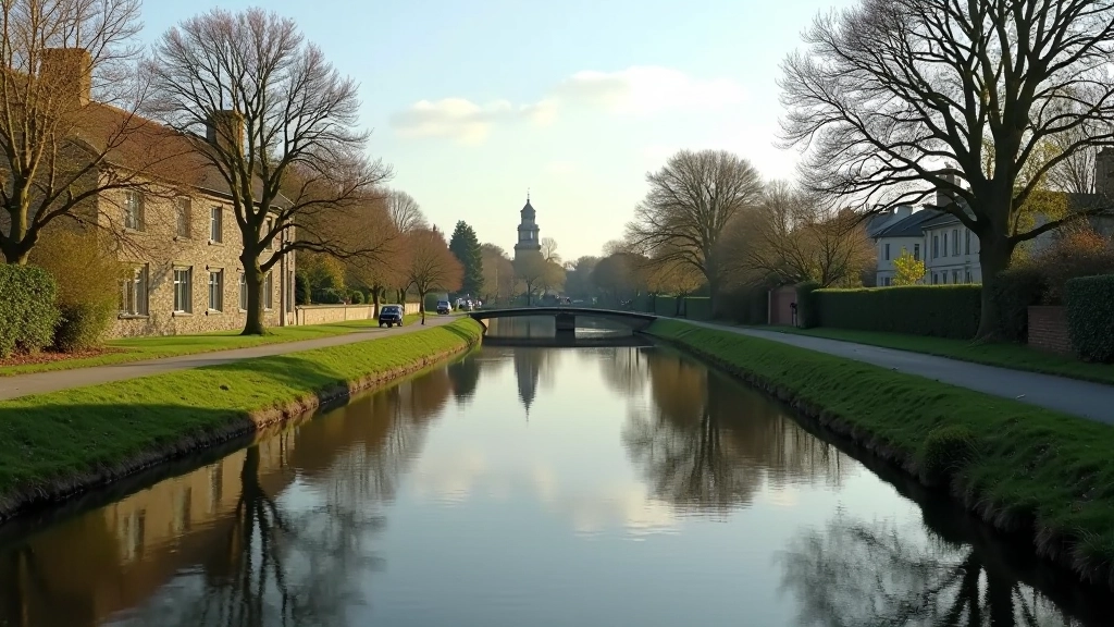 Scenic view of a calm canal with towpath, trees, and historic buildings reflected in the water