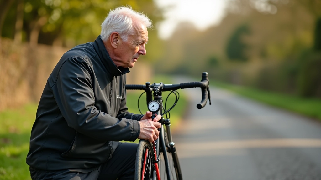 Cyclist checking bicycle tyre pressure with hand pump at canal towpath