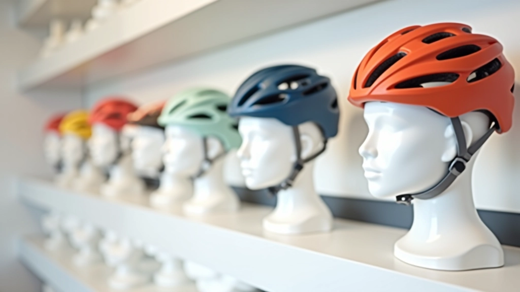 Selection of bicycle helmets in various colors displayed on shelf showing proper fit examples