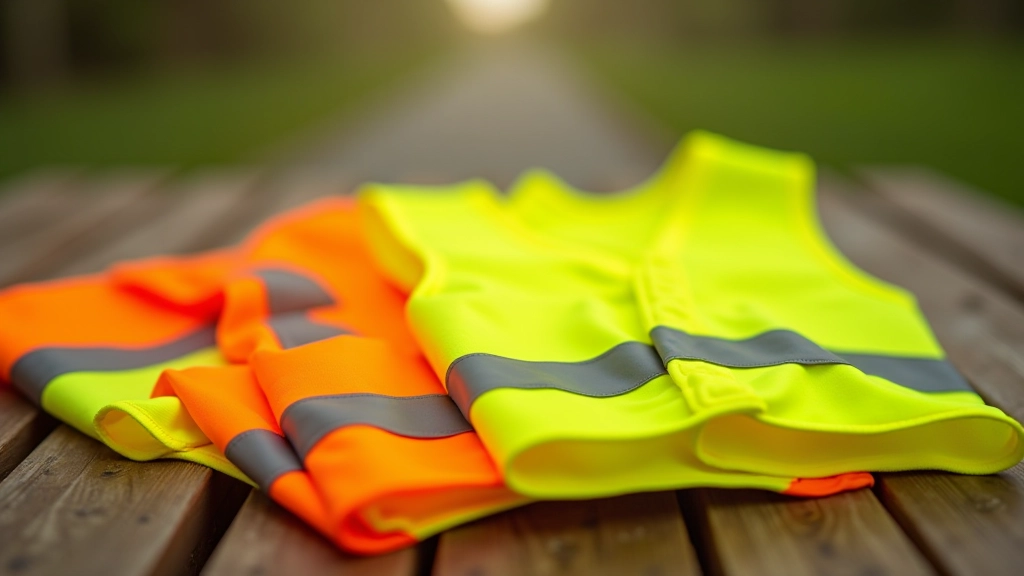 Collection of high-visibility cycling vests and jackets in bright neon colors arranged on wooden table