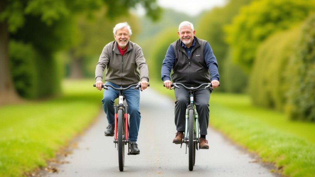 Two cyclists riding side by side on a flat towpath, leisurely pace, trees in background